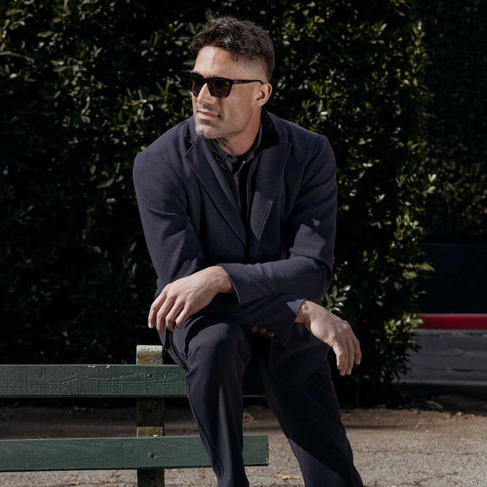 PXG men's dark navy every occasion blazer, lifestyle campaign shot