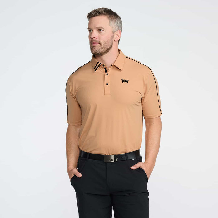 PXG men's stone fruit fine line polo, front view