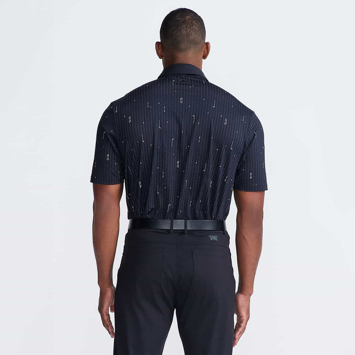 PXG men's black golf icons pin stripes polo comfort fit on a white background