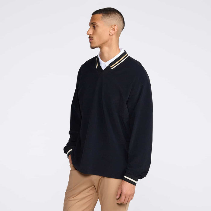 PXG men's black letterman pullover, side view