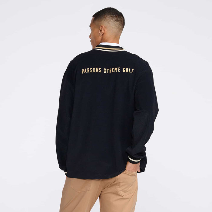 PXG men's black letterman pullover, back view