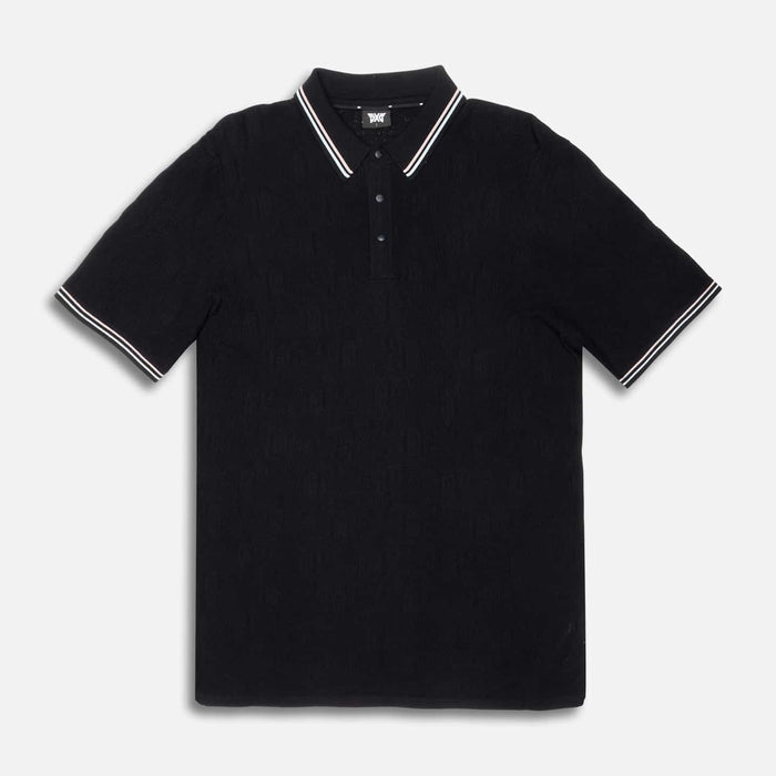 PXG men's black multi-logo jacquard knitted polo, flat lay