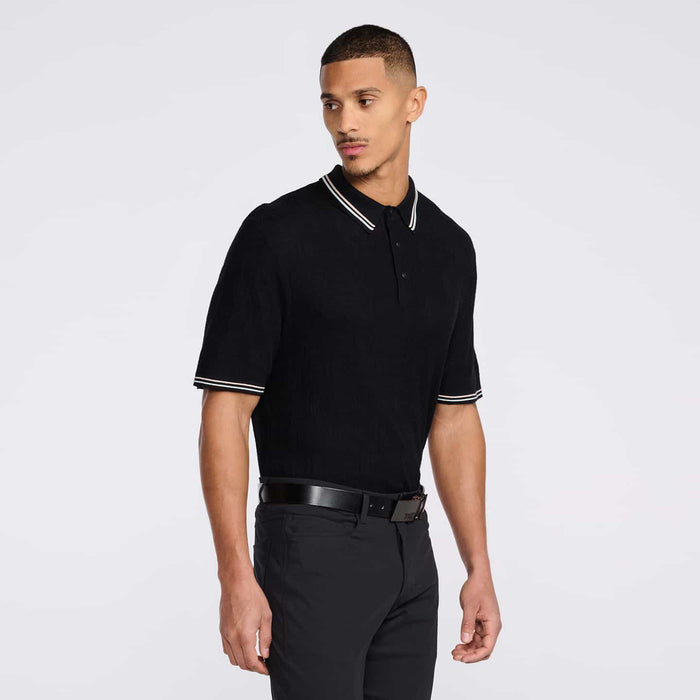 PXG men's black multi-logo jacquard knitted polo, alternate side view, tucked in