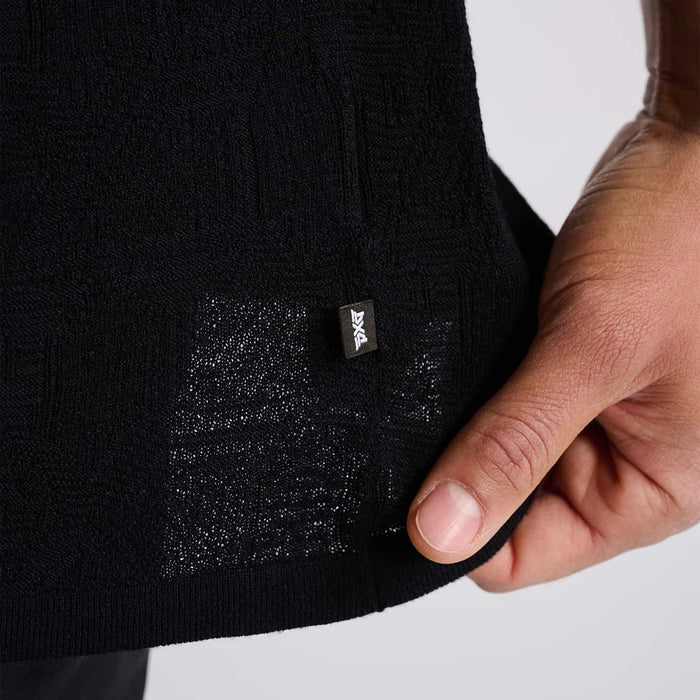 PXG men's black multi-logo jacquard knitted polo, side close-up detail