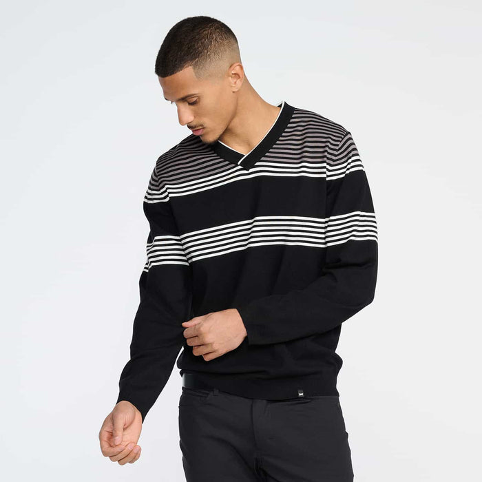 PXG men's black multi-striped v-neck sweater, front view