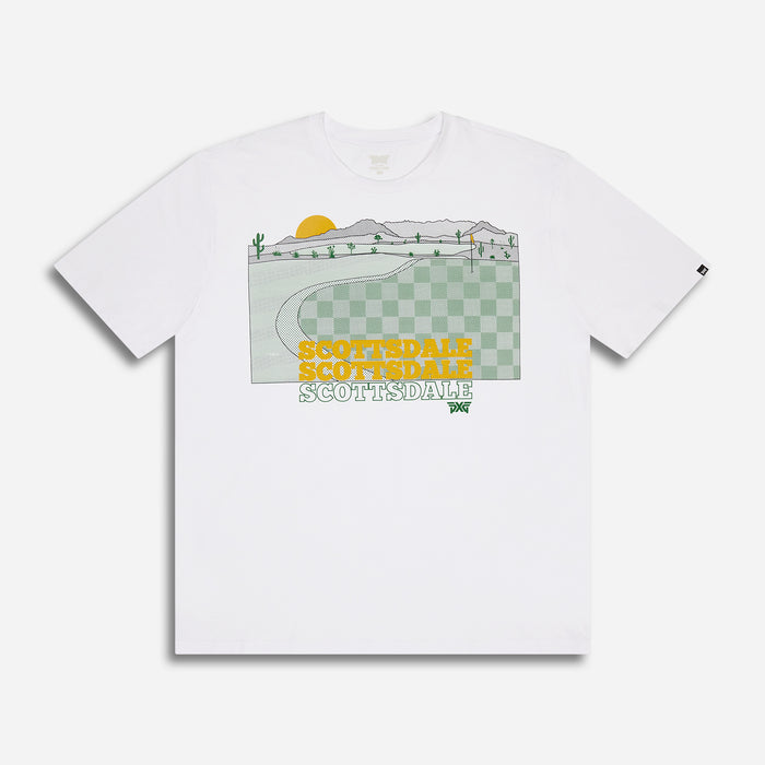 PXG men's white par-tee in the desert tee on a white background