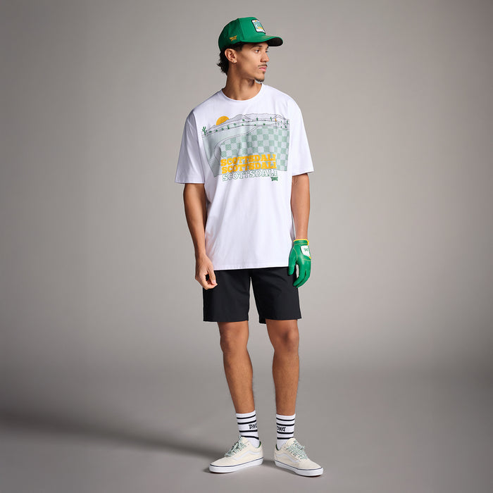 PXG men's white par-tee in the desert tee on a white background