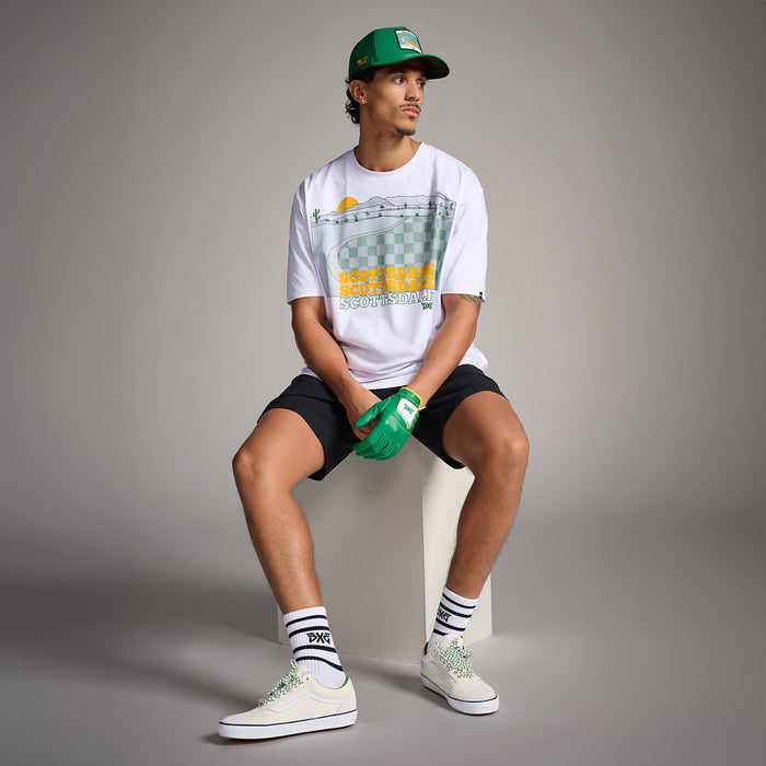 PXG men's white par-tee in the desert tee on a white background