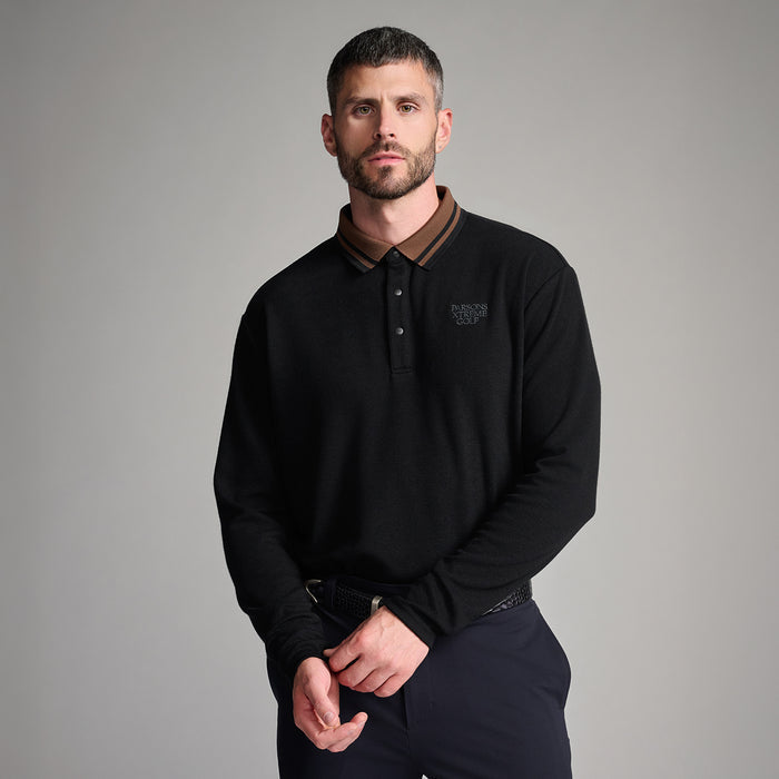 PXG men's black plush long sleeve polo comfort fit on a white background