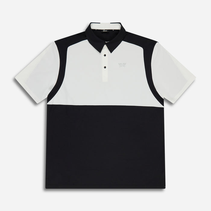 Men's Precision Shoulder Polo in White/Black Comfort Fit, lay flat front view