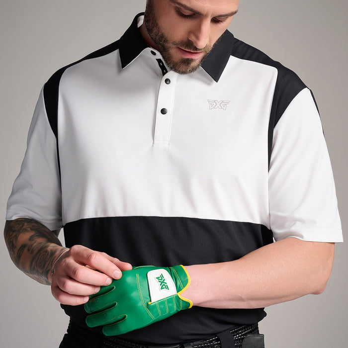 Men's Precision Shoulder Polo in White/Black Comfort Fit, front view