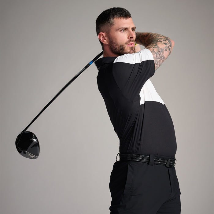 Men's Precision Shoulder Polo in White/Black Comfort Fit, side view