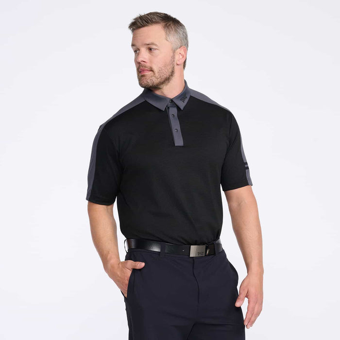 PXG men's black comfort fit shoulder trim polo, alternate side view