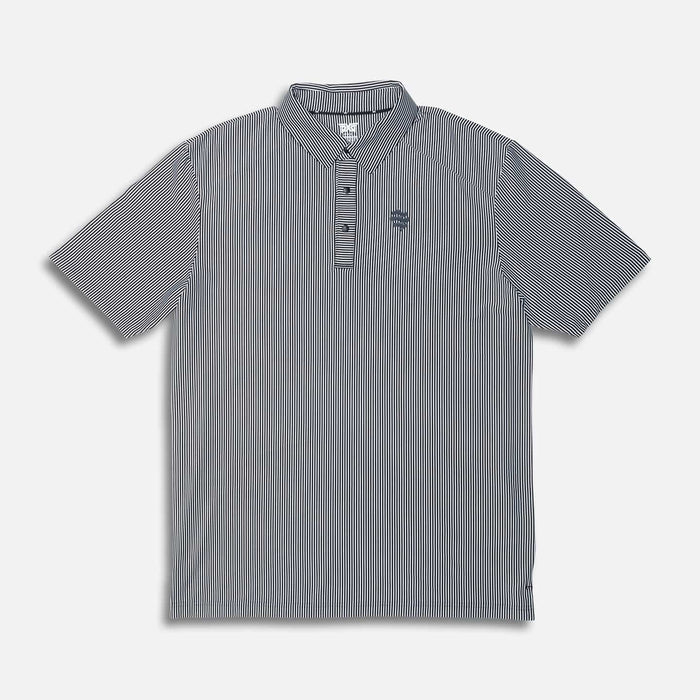 PXG men's white striped polo, flat lay