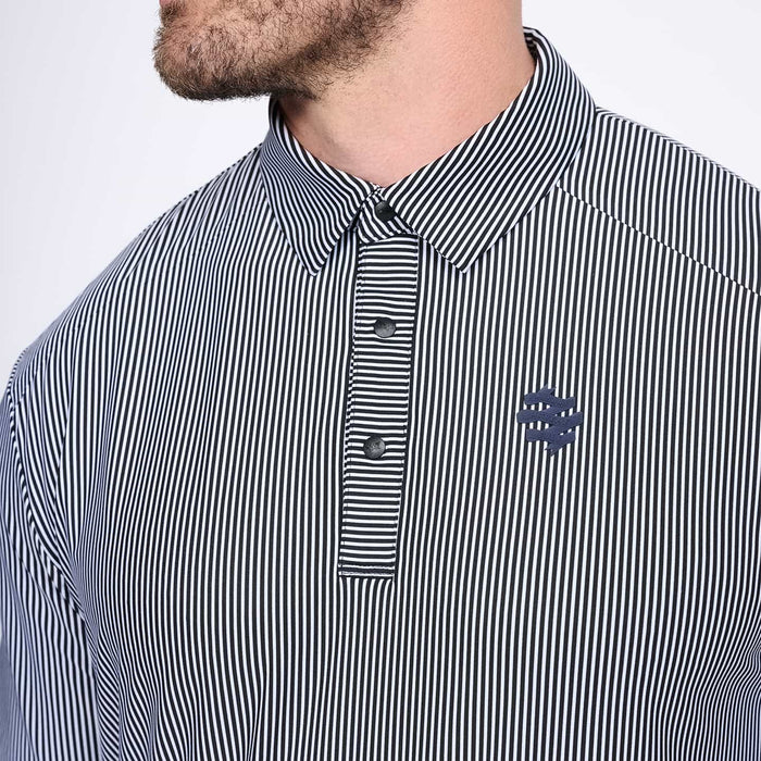 PXG men's white striped polo, close-up front detail