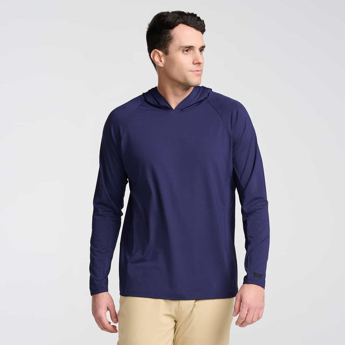 PXG men's navy tour hooded raglan pullover on a white background