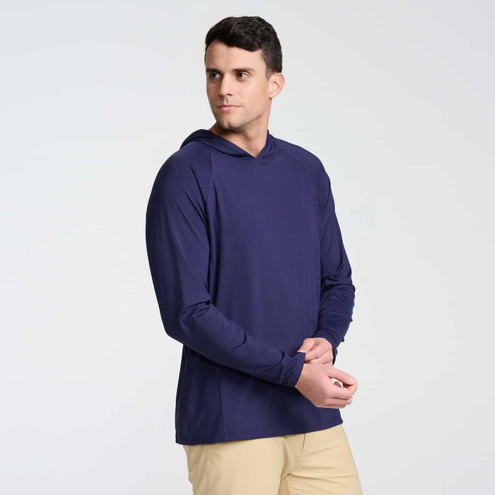 PXG men's navy tour hooded raglan pullover on a white background