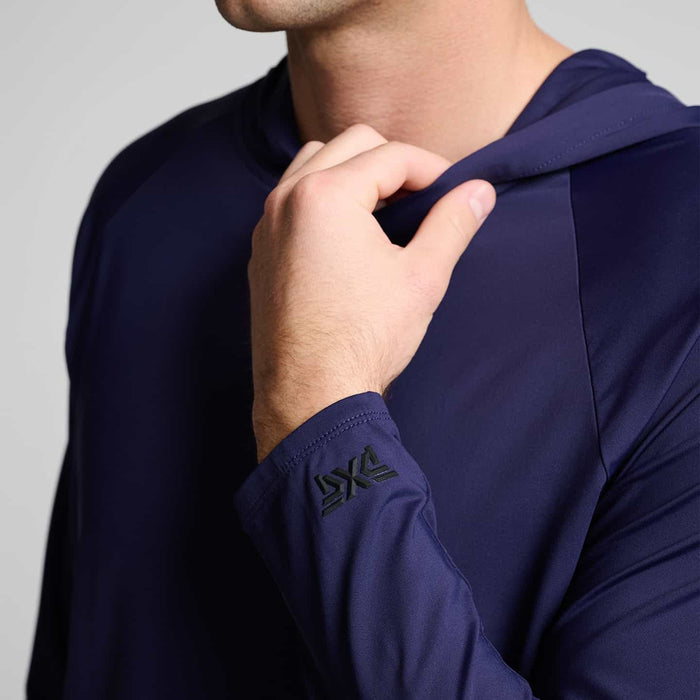 PXG men's navy tour hooded raglan pullover on a white background