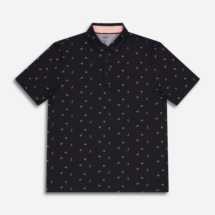 Men's Trinity Print Polo in Black Comfort Fit, lay flat front view