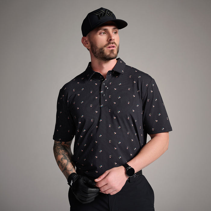 Men's Trinity Print Polo in Black Comfort Fit, alternate front view