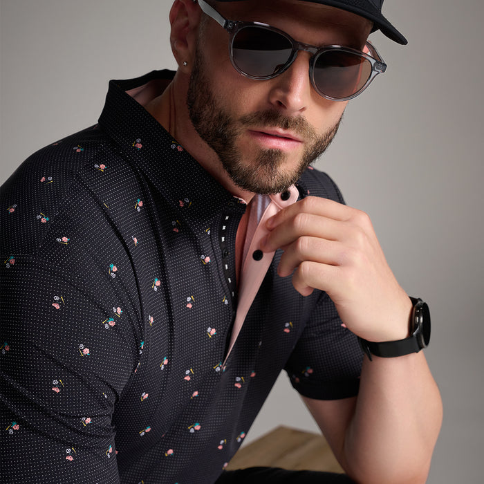 Men's Trinity Print Polo in Black Comfort Fit, side detail view