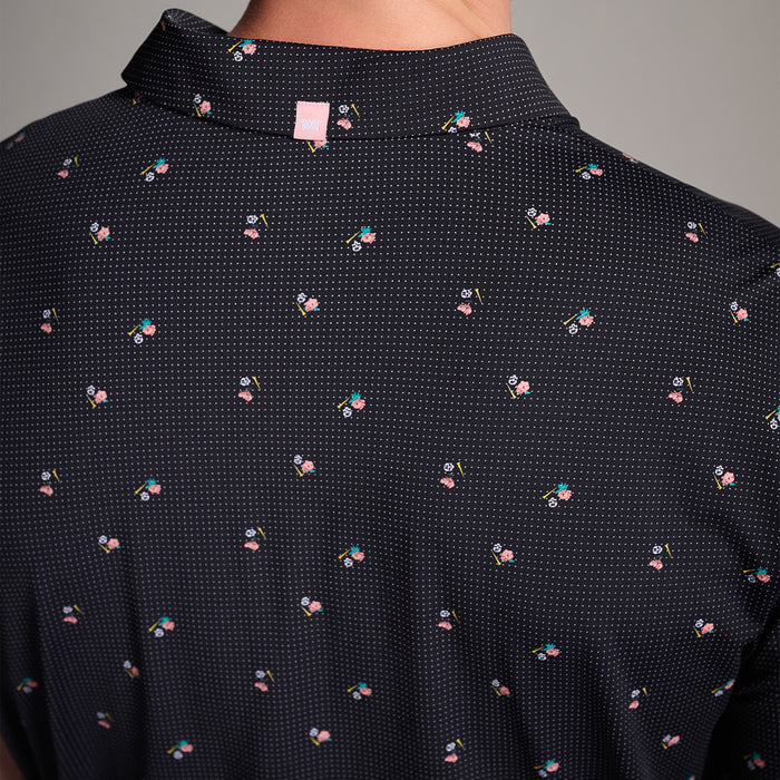 Men's Trinity Print Polo in Black Comfort Fit, back detail view