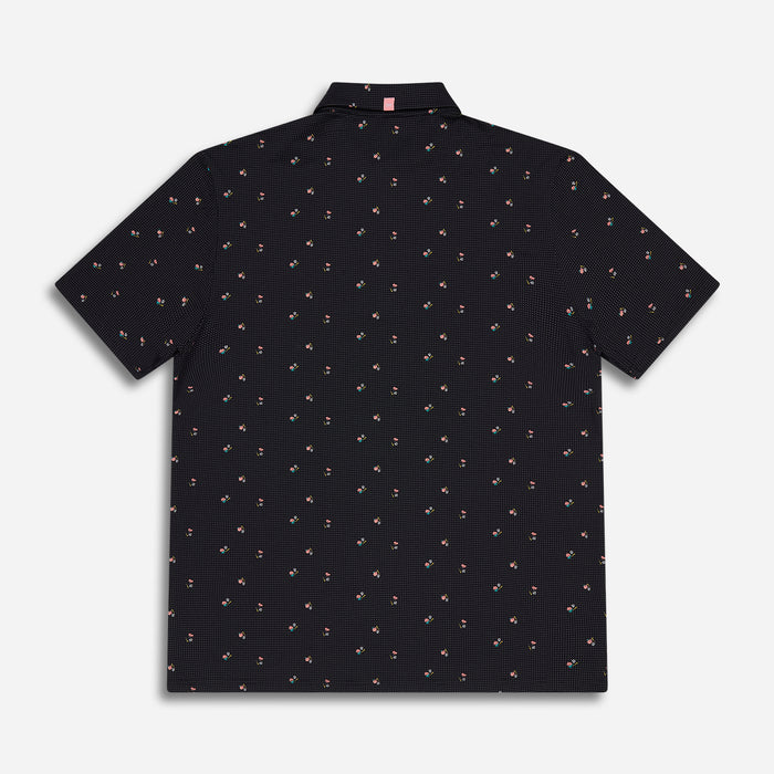 Men's Trinity Print Polo in Black Comfort Fit, lay flat back view
