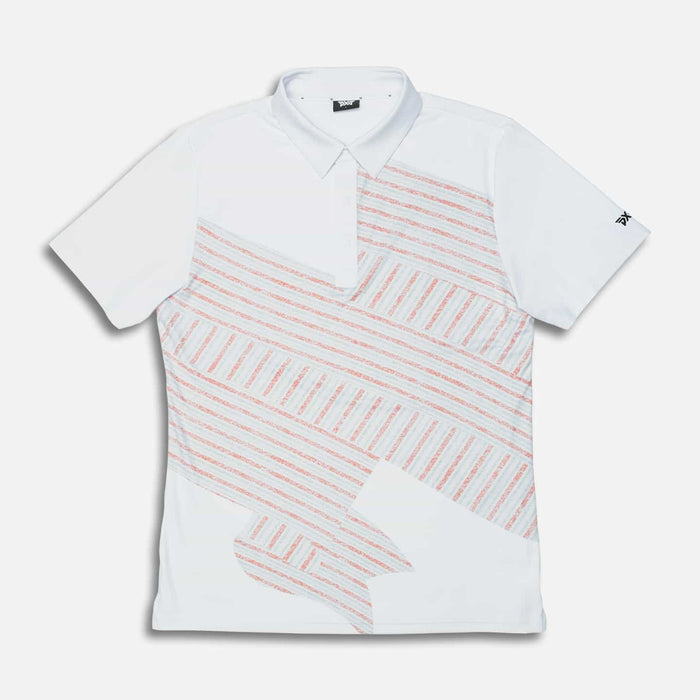 PXG men's white athletic fit victory flag polo, flat lay