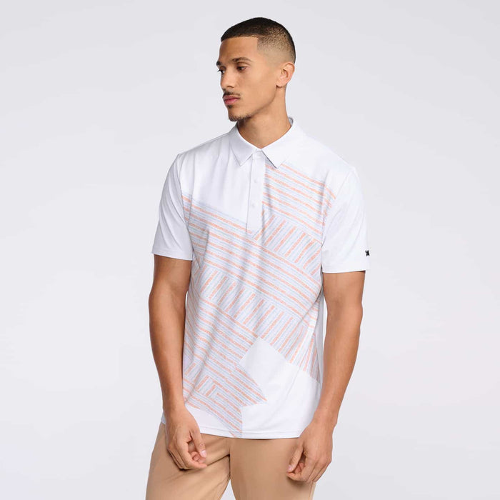 PXG men's white athletic fit victory flag polo, front view