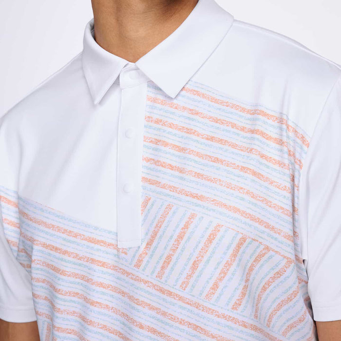 PXG men's white athletic fit victory flag polo, side close-up detail