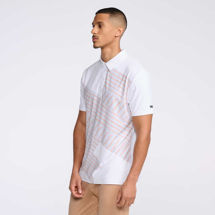 PXG men's white athletic fit victory flag polo, side view