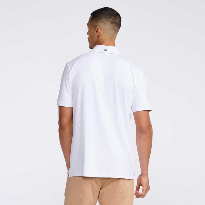 PXG men's white athletic fit victory flag polo, back view