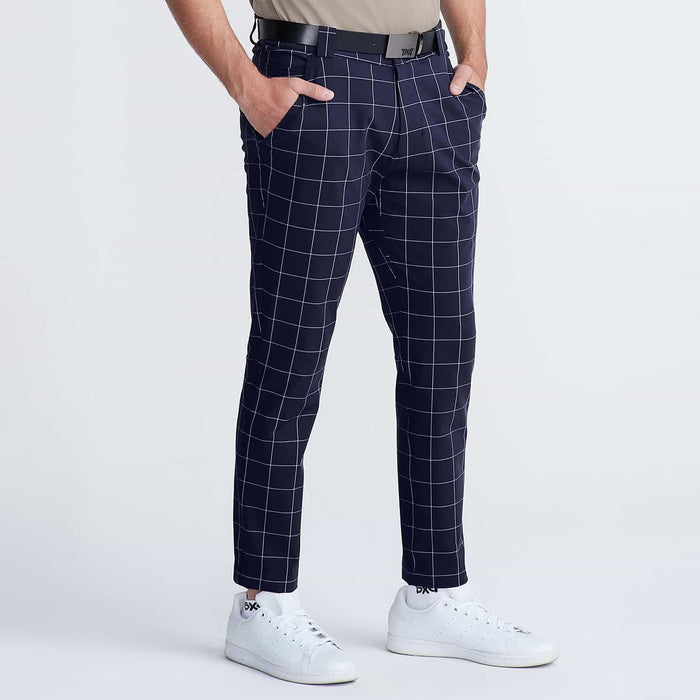 PXG men's midnight blue windowpane slim trousers on a white background