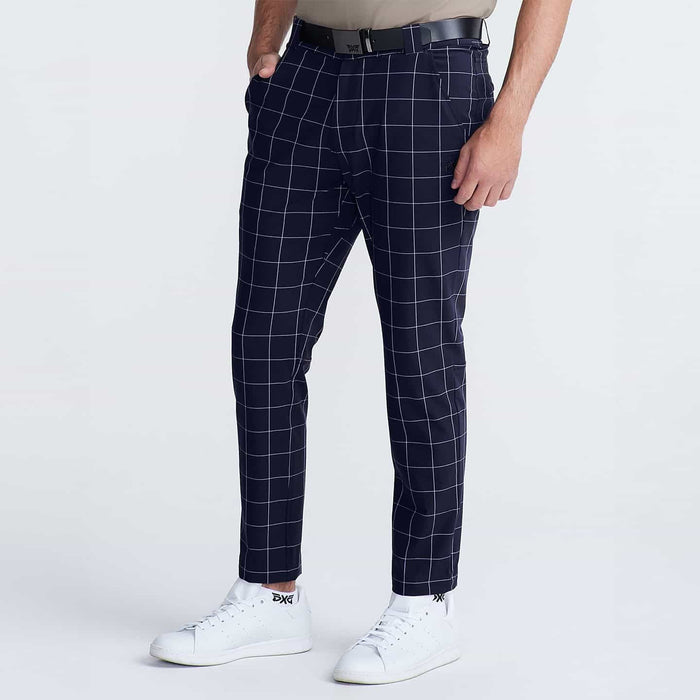 PXG men's midnight blue windowpane slim trousers on a white background