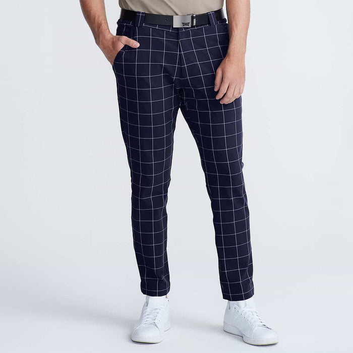PXG men's midnight blue windowpane slim trousers on a white background