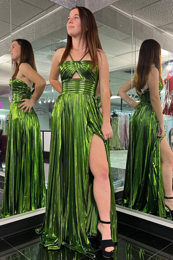 Metallic Keyhole Spaghetti Strap Long Prom Dress with Slit