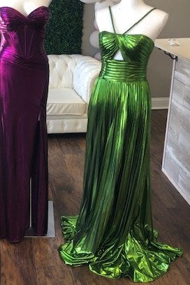 Metallic Keyhole Spaghetti Strap Long Prom Dress with Slit