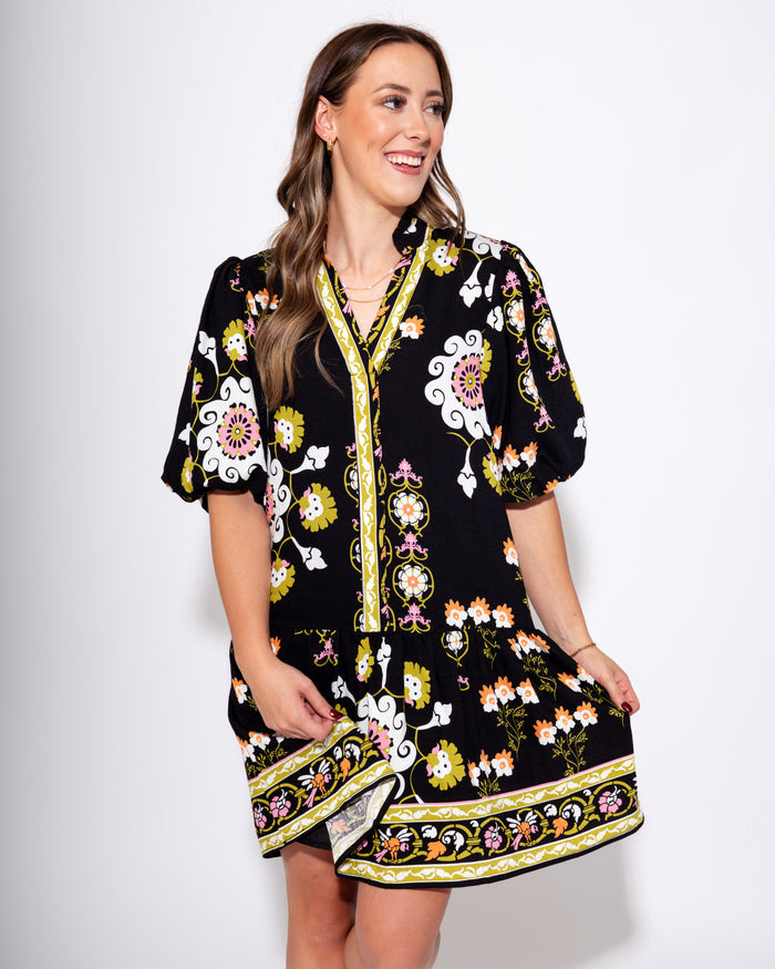 Midnight Blossom Puff Sleeve Dress