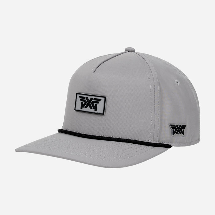 Grey cap with black logo on a white background
