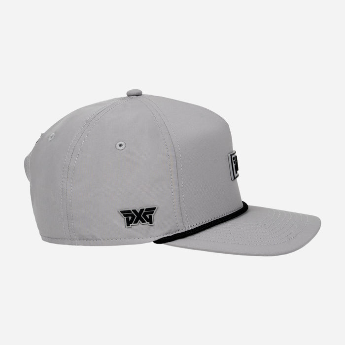 Grey cap with black logo on a white background