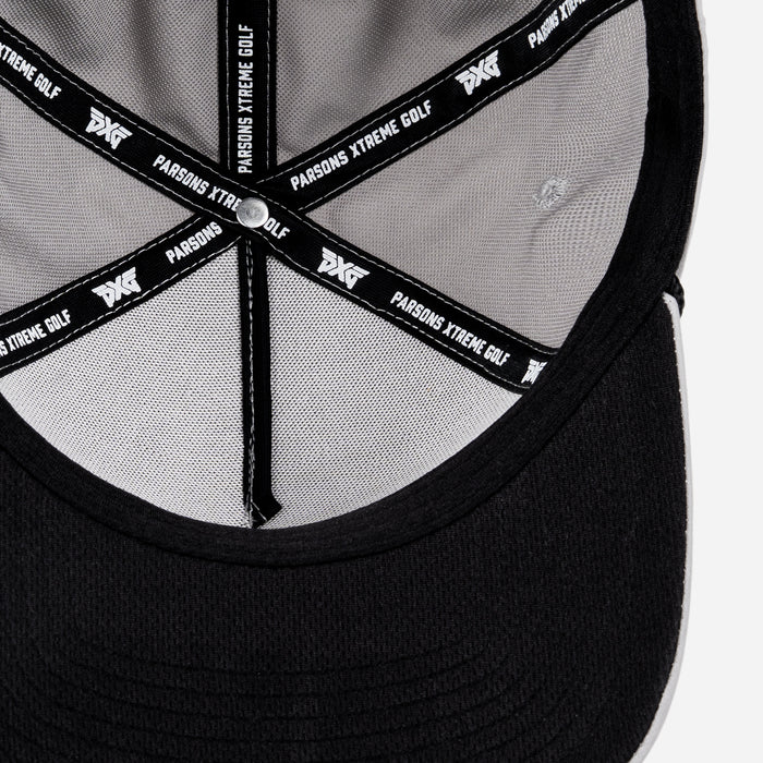 Grey cap with black logo on a white background