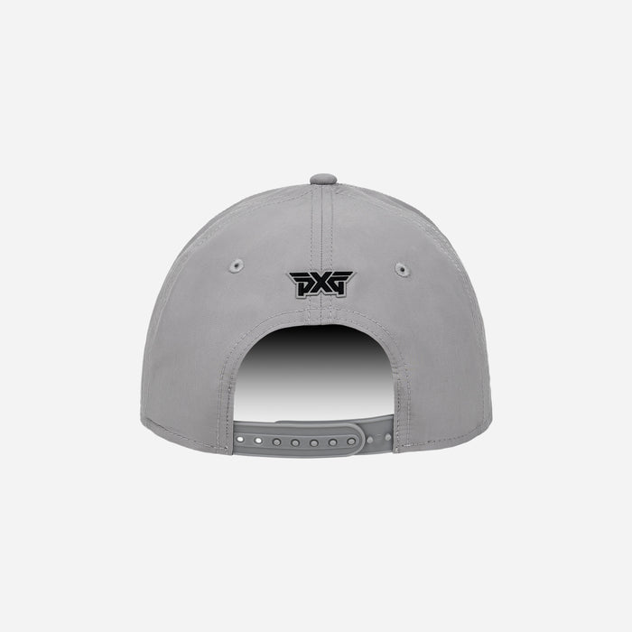 Grey cap with black logo on a white background