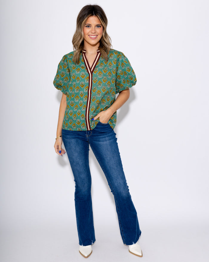Mint Floral Puff Sleeve Top