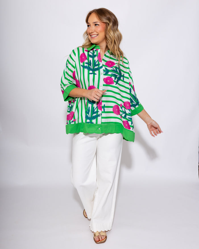 Mixed Floral Stripe Button Down Blouse - Umgee - Gaudie & Co. Nederland TX Boutique