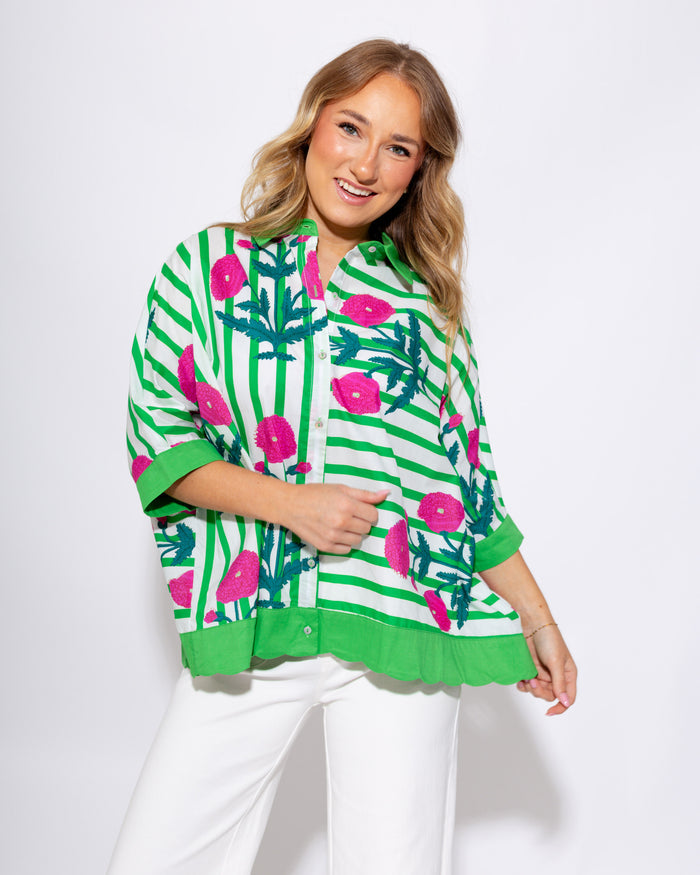 Mixed Floral Stripe Button Down Blouse - Umgee - Gaudie & Co. Nederland TX Boutique
