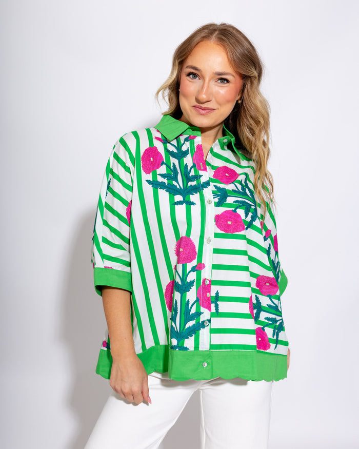 Mixed Floral Stripe Button Down Blouse - Umgee - Gaudie & Co. Nederland TX Boutique
