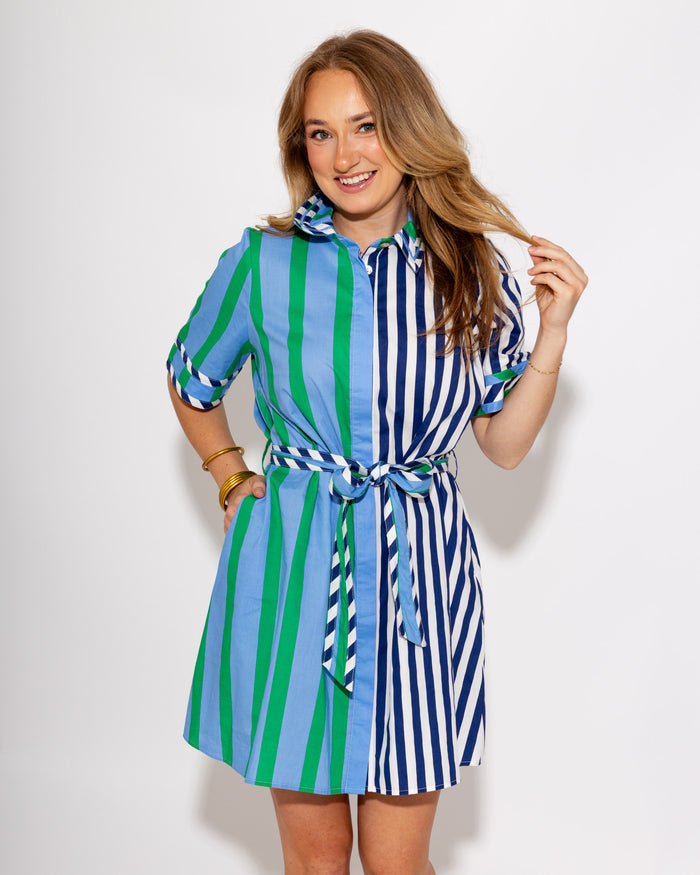 Mixed Stripe Belted Shirt Dress