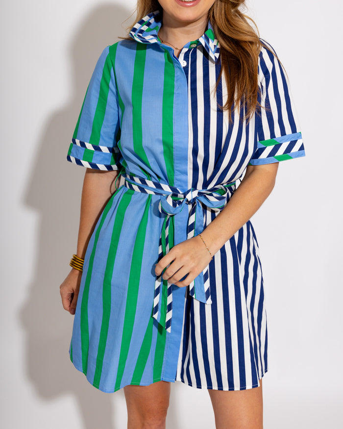Mixed Stripe Belted Shirt Dress