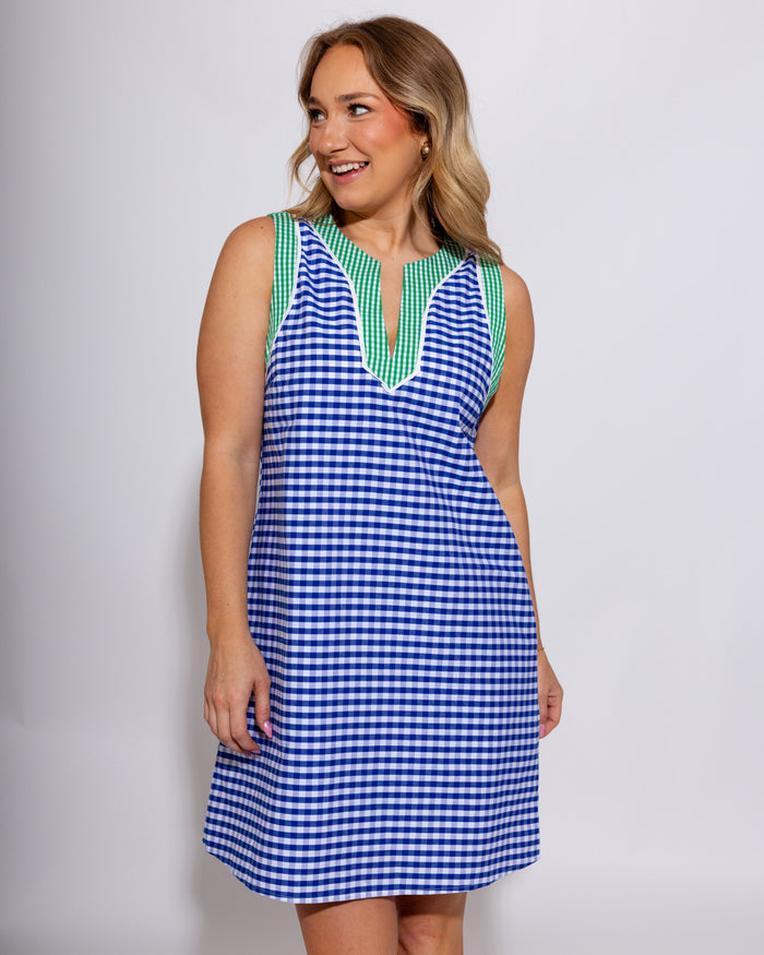 Navy and green contrast gingham sleeveless mini dress with split neckline, women's boutique summer dress at Gaudie & Co