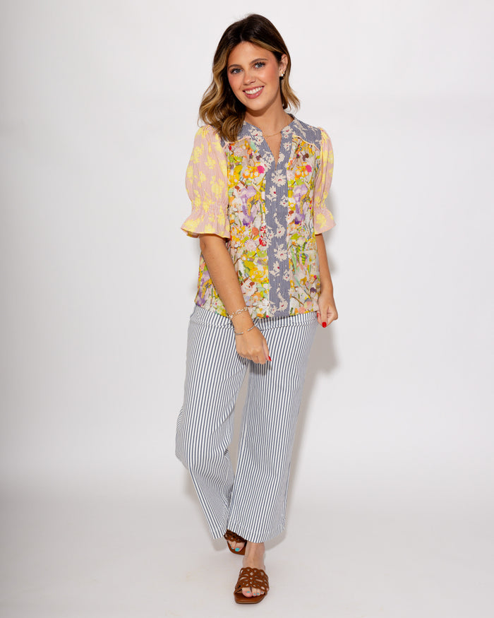 Multi Floral Print Split Neck Top